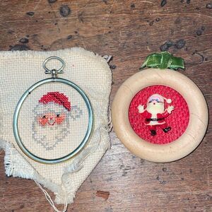 Set of 2‎ vintage homemade/handmade Santa Christmas ornaments in frames